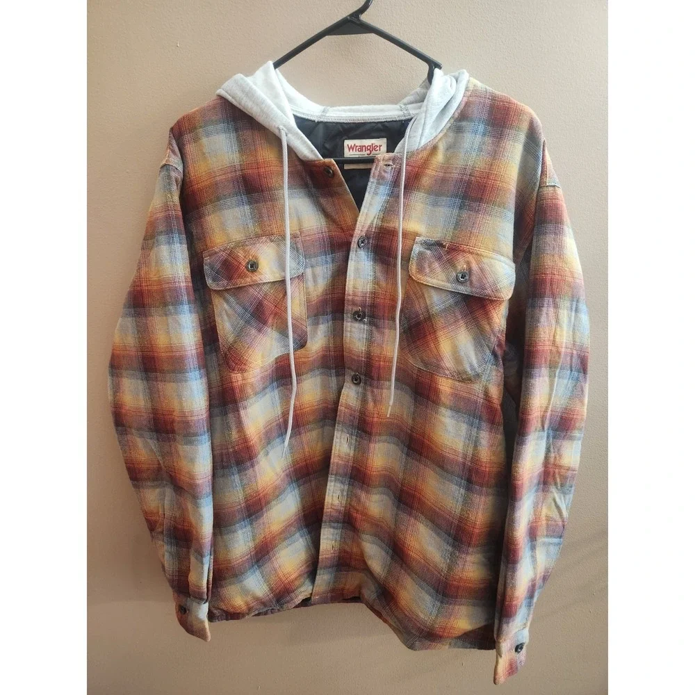Wrangler Authentics Long Sleeve Quilted Flannel Shirt Jacket Hood Gold Men's L